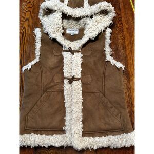Vintage Leather Brand Faux Leather Hooded Vest Brown Shearling Lined Women's Med